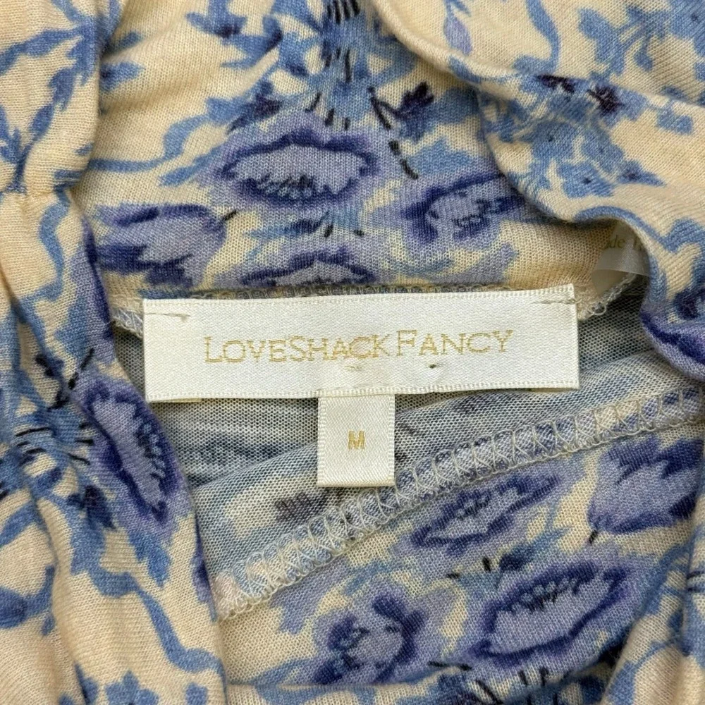 LoveShackFancy Womens Blue Floral Viscose Turtleneck Puff Sleeve Top Size M